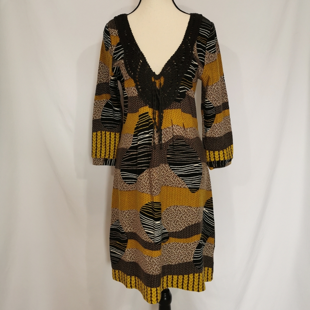 Aryeh by Anthropologie Boho Knit Dress in Black, Grey & Mustard Yellow - Sz S